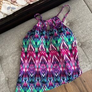 Sleeveless Halter Tank Top in Multicolor Ikat Print swim tankini